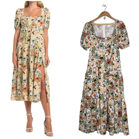 ASTR The Label Dresses & Skirts - New ASTR The Label Square Neck Pocket Midi Floral Tiered Slit Dress Rust Sage S